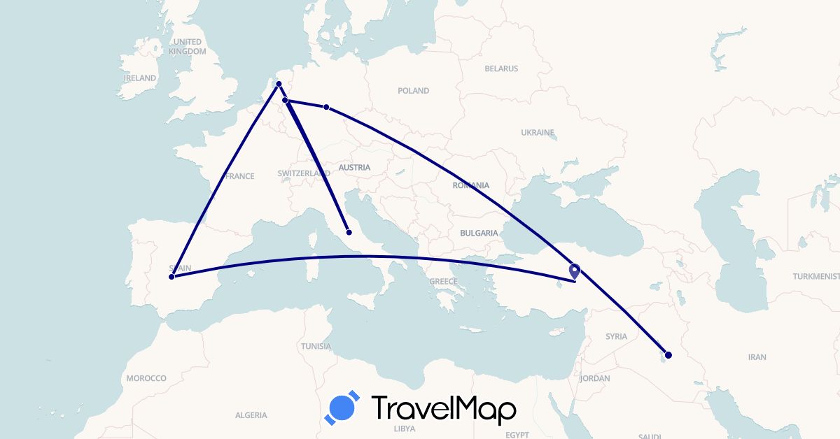 TravelMap itinerary: driving in Germany, Spain, Iraq, Italy, Netherlands, Turkey (Asia, Europe)